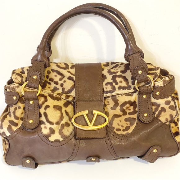 VALENTINO GARAVANI Handbag Cheetah Horse Hair Satchel Leather - Picture 1 of 13